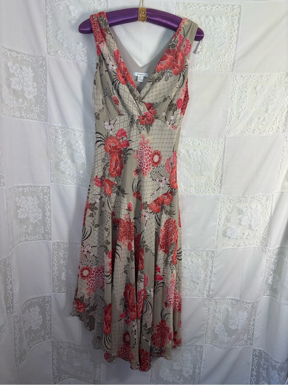 Tan+Red Floral Bias Cut Asymmetrical Hem Whimsy Cottage Fairy Dress Size M-L‎ - Picture 15 of 15